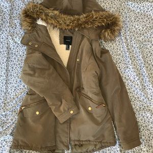 Olive Coat with Faux Fur Hood + gold accents